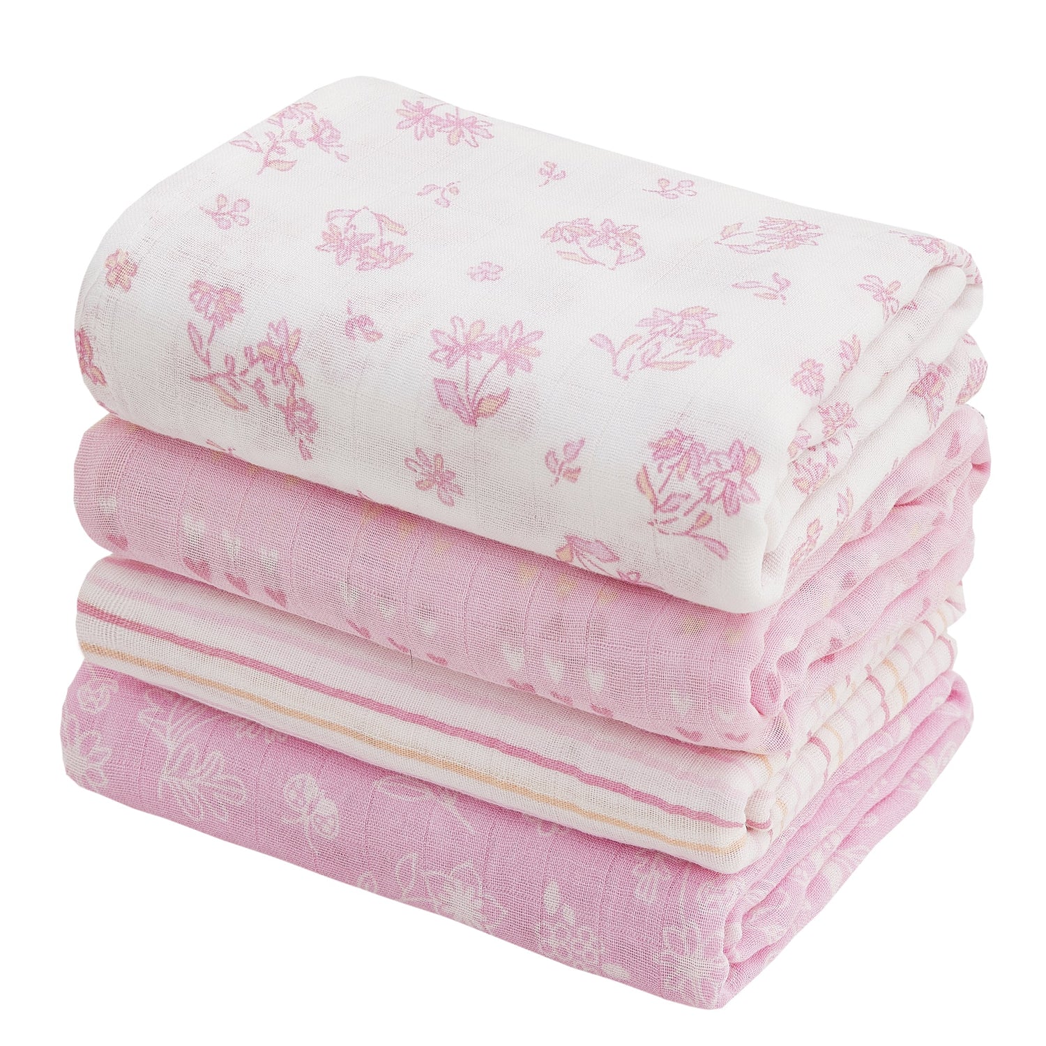 4-Pack Flowers & Heart, 47 x 47 inches  Muslin Swaddle Blankets for Boys and Girls