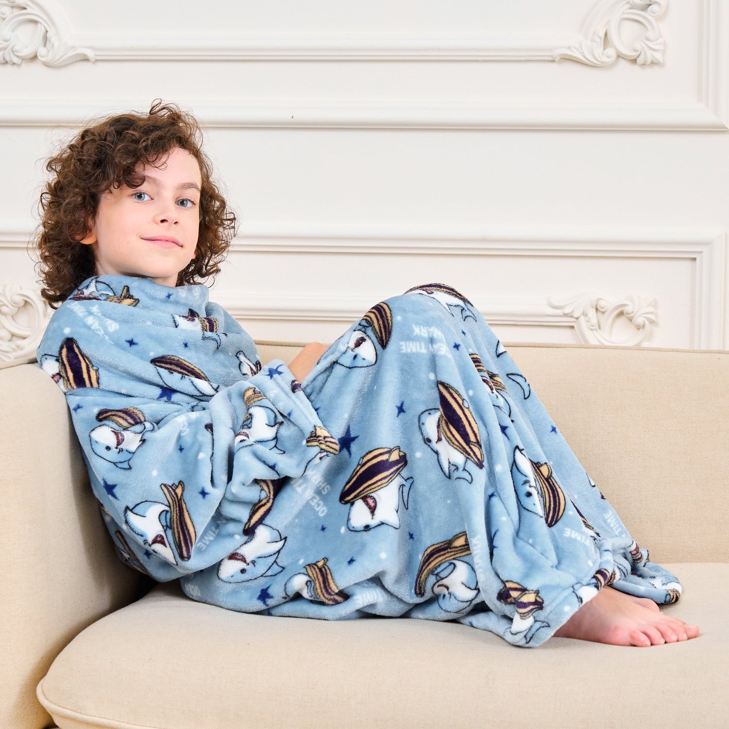Shark Wearable Fleece Blanket with Sleeves & Foot Pocket for Kids