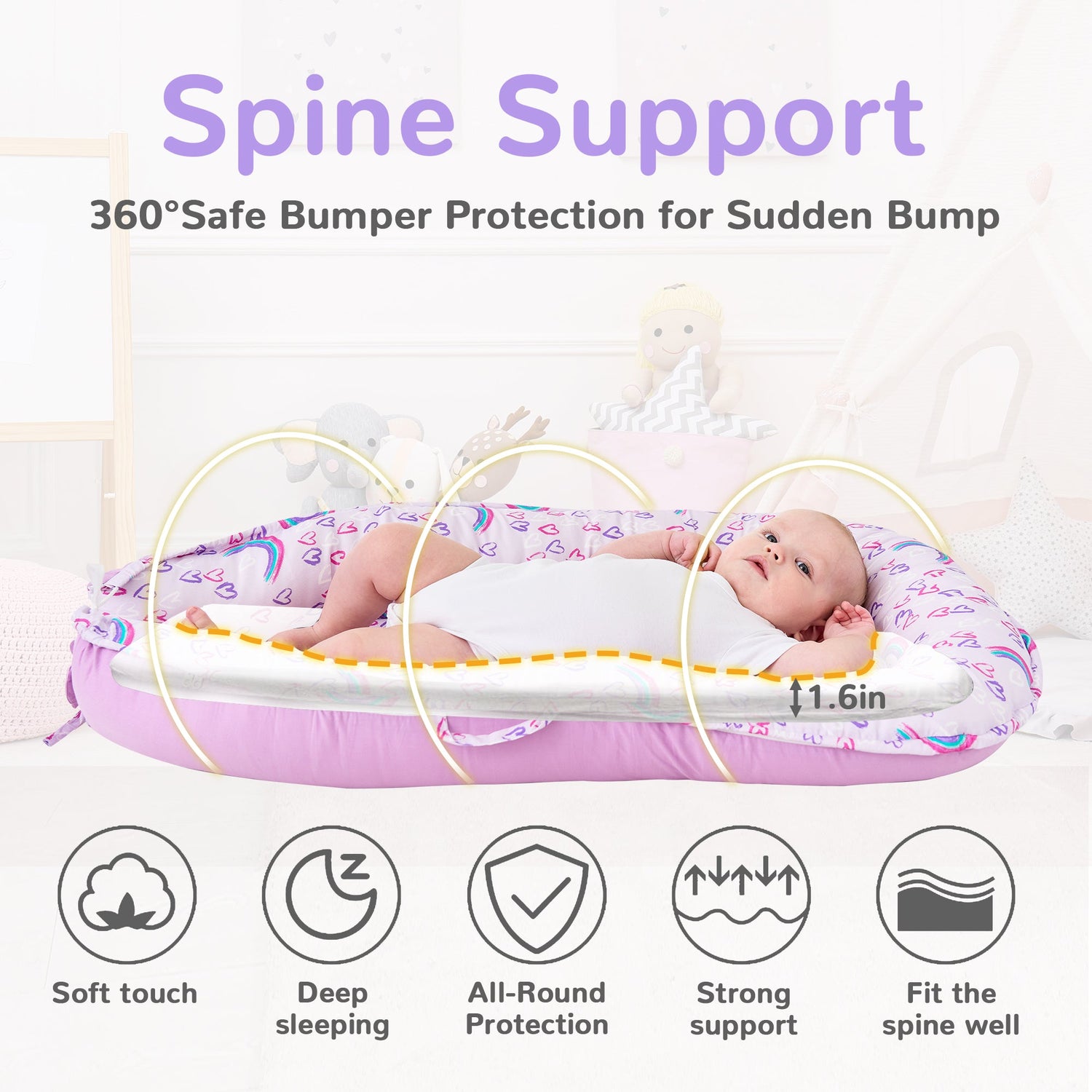 Rainbow Baby Lounger - Baby Nest Co Sleeper for Baby Bed, Soft & Breathable Portable Cotton Newborn Lounger Nest for Crib Bassinet