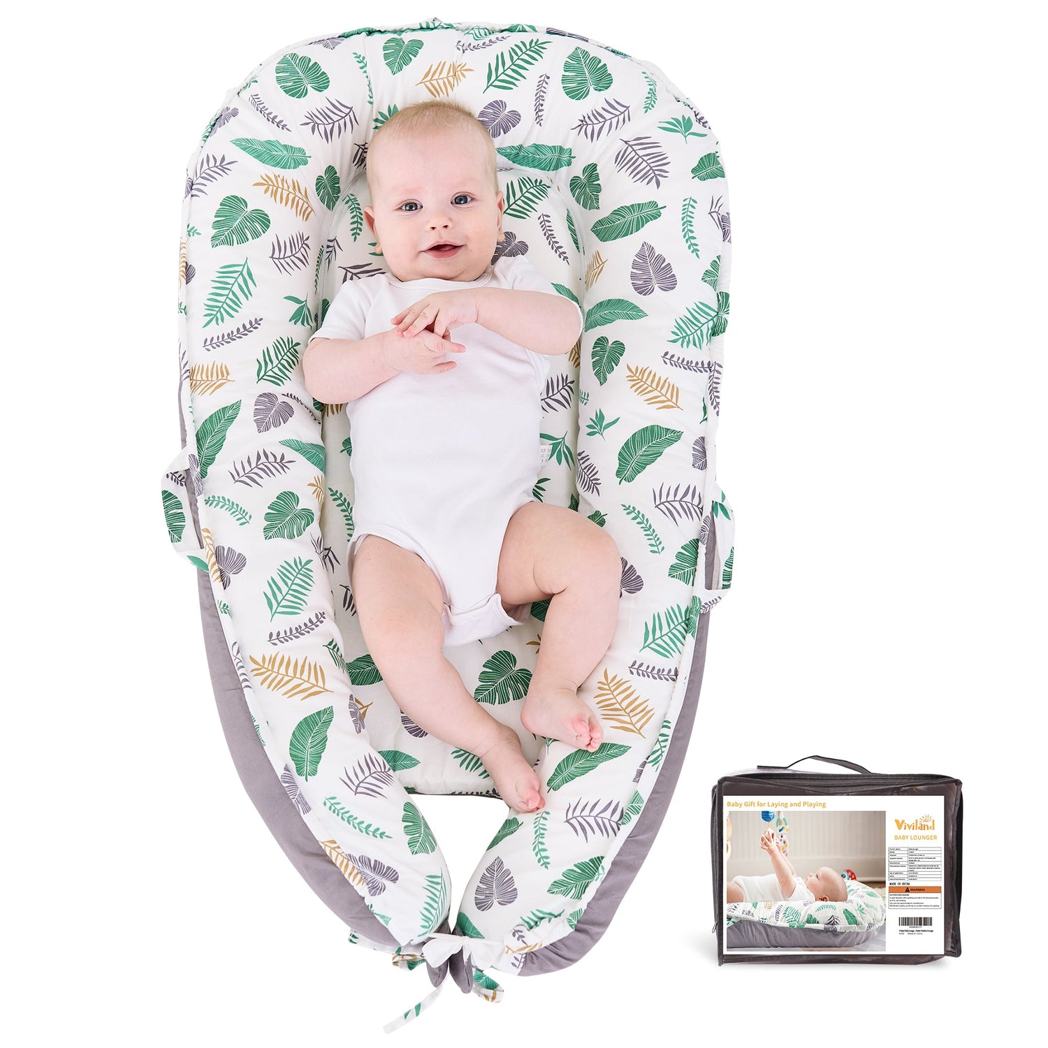 Green Feather Baby Lounger - Baby Nest Co Sleeper for Baby Bed, Soft & Breathable Portable Cotton Newborn Lounger Nest for Crib Bassinet