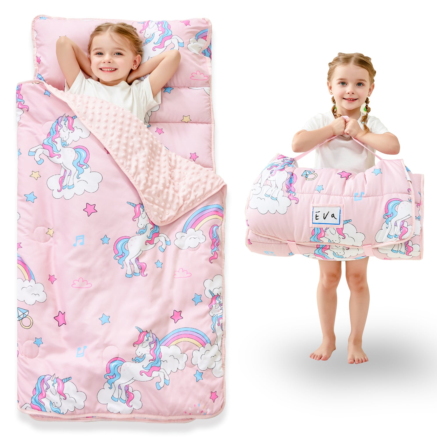 Pink Unicorn Toddler Nap Mat with Pillow and Blanket