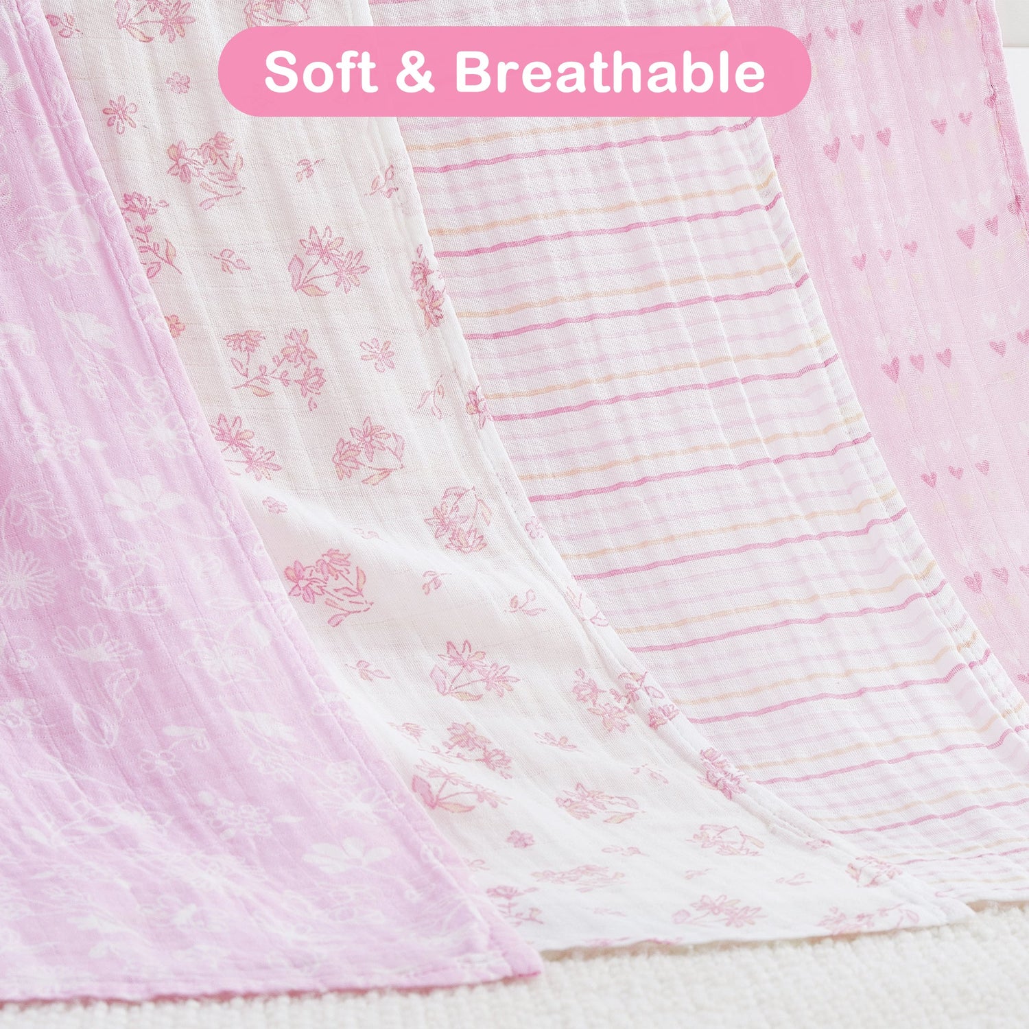 4-Pack Flowers & Heart, 47 x 47 inches  Muslin Swaddle Blankets for Boys and Girls