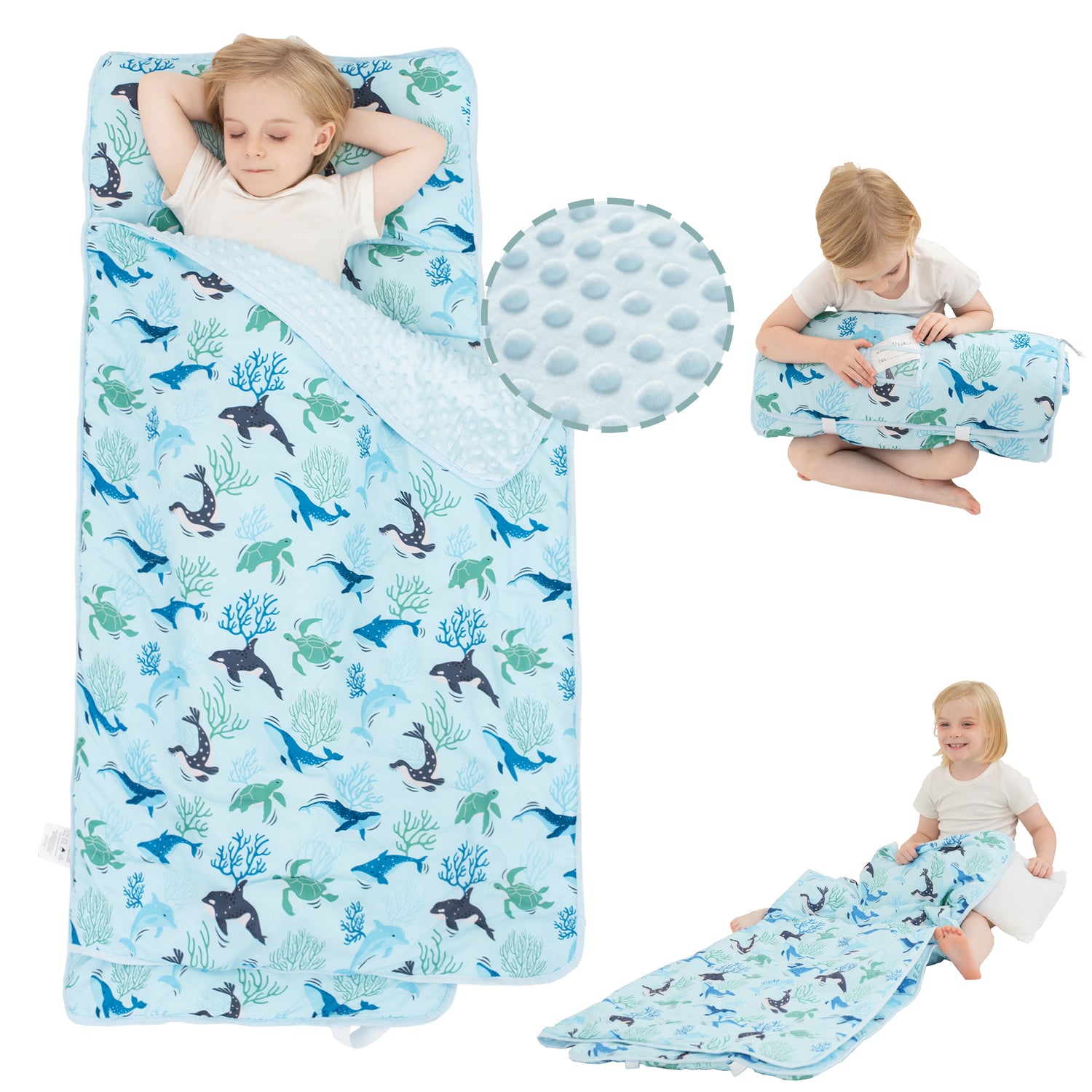 Blue Ocean Whales Toddler Nap Mat with Pillow and Blanket
