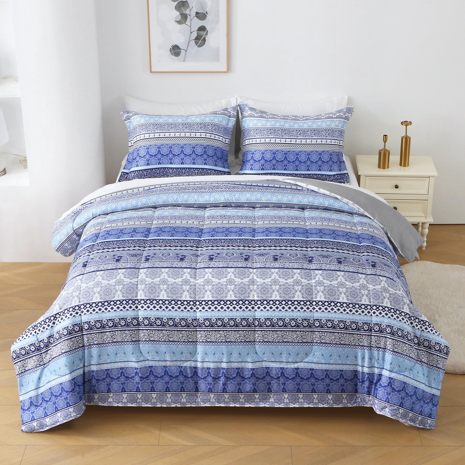 Blue Boho Striped Comforter Set 7 Pieces