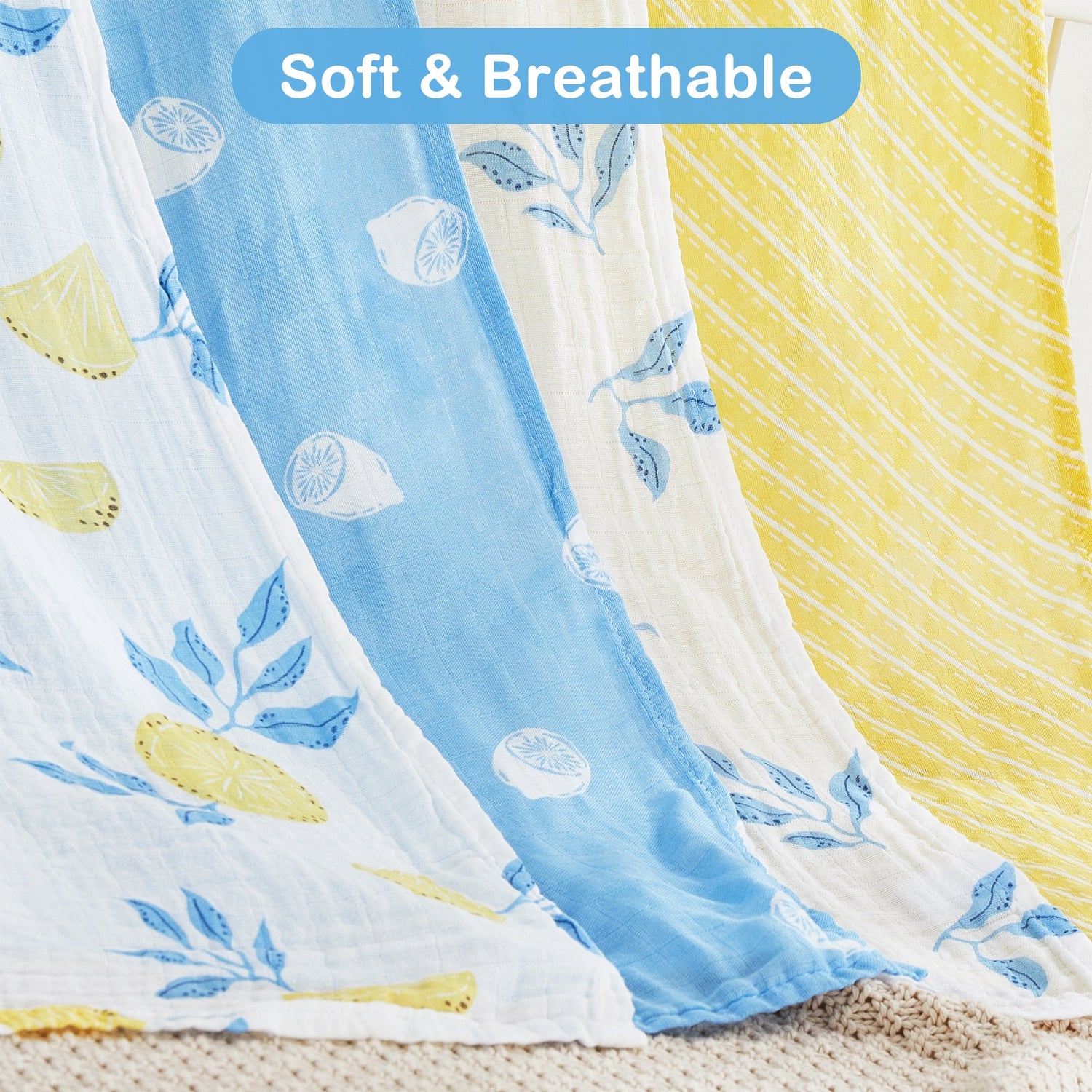 4-Pack Lemon & Leaves 47 x 47 in  Muslin Swaddle Blankets for Boys and Girls