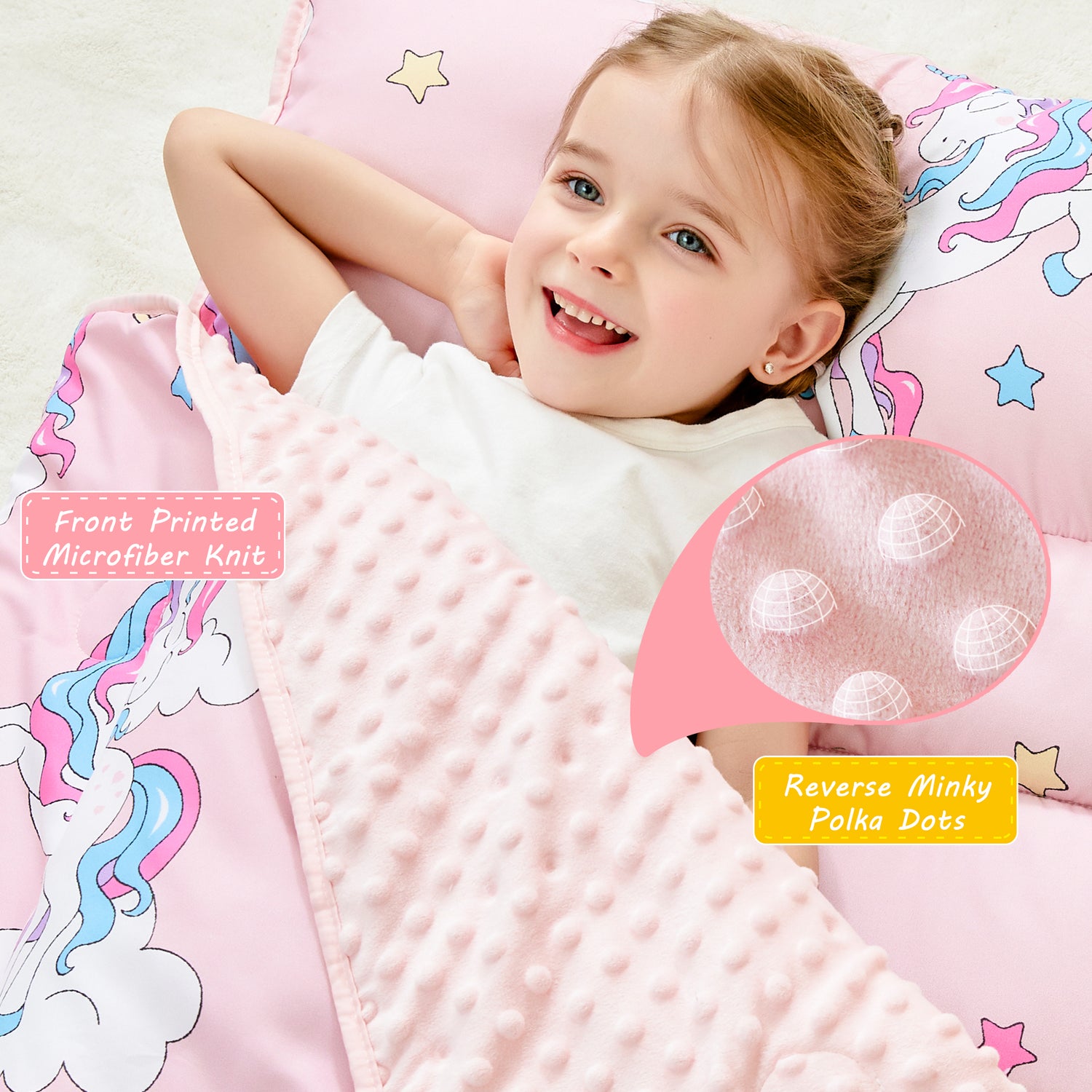 Pink Unicorn Toddler Nap Mat with Pillow and Blanket