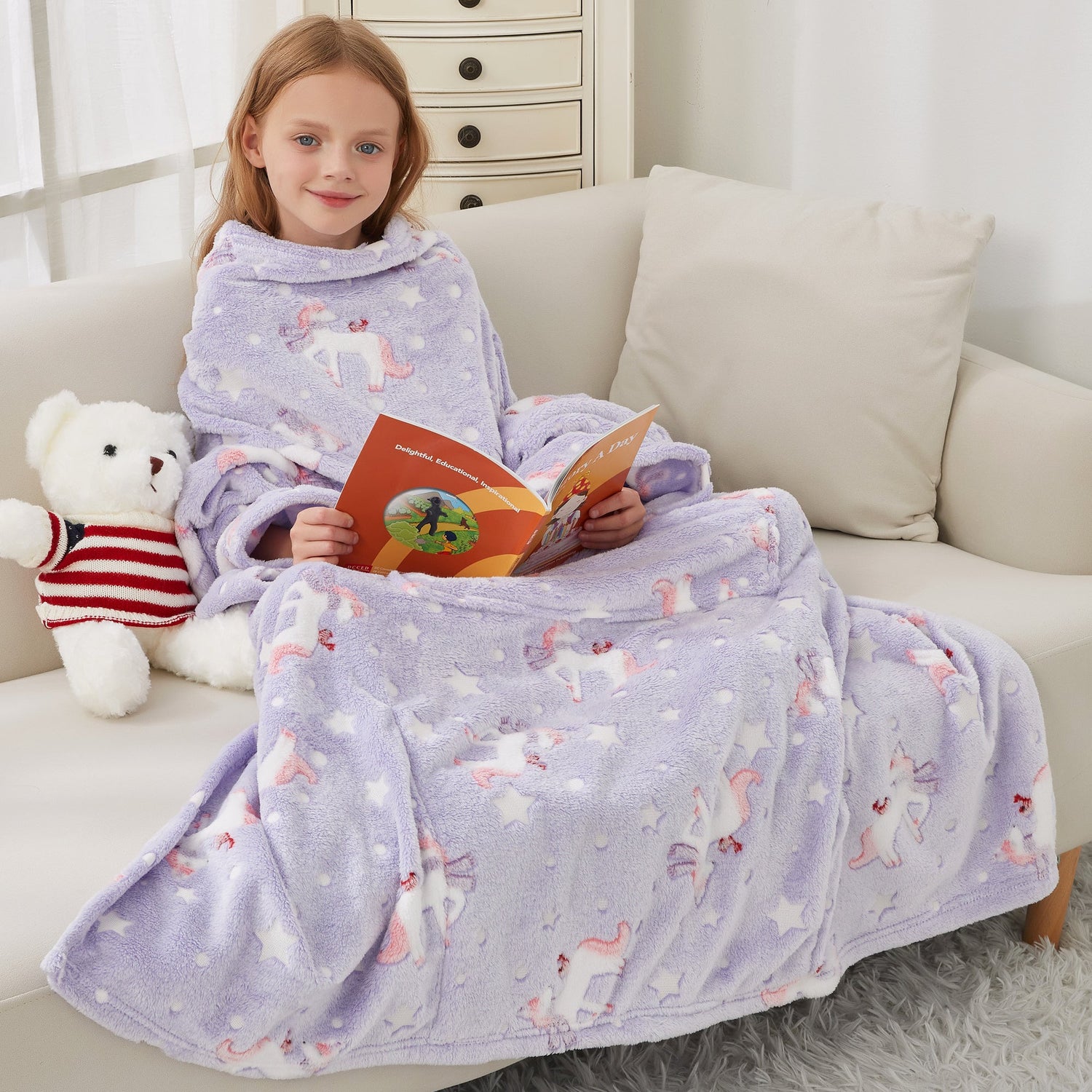 Glowing Unicorn Wearable Fleece Blanket with Sleeves & Foot Pocket for Kids