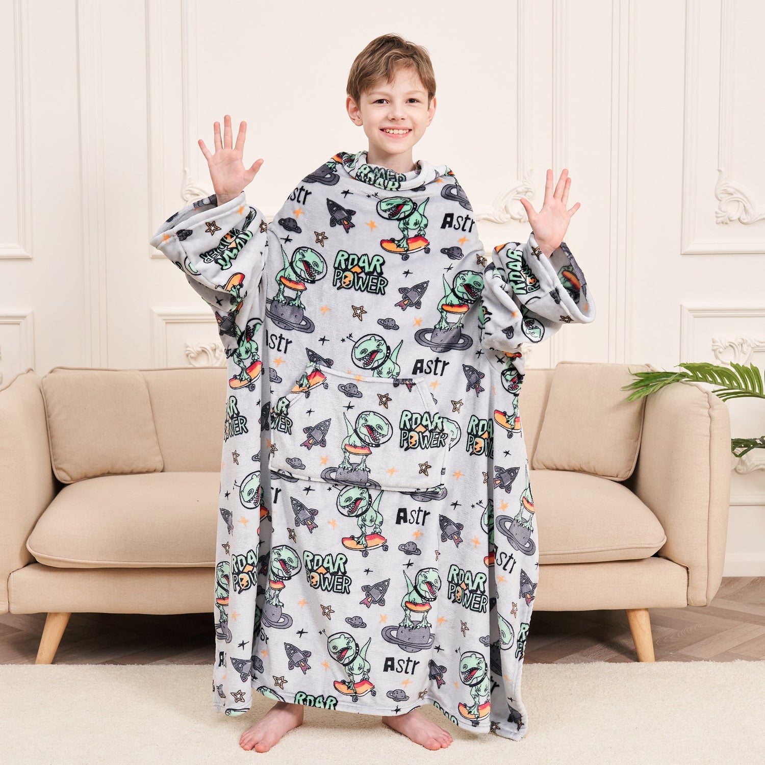 Dinosaur Wearable Fleece Blanket with Sleeves & Foot Pocket for Kids