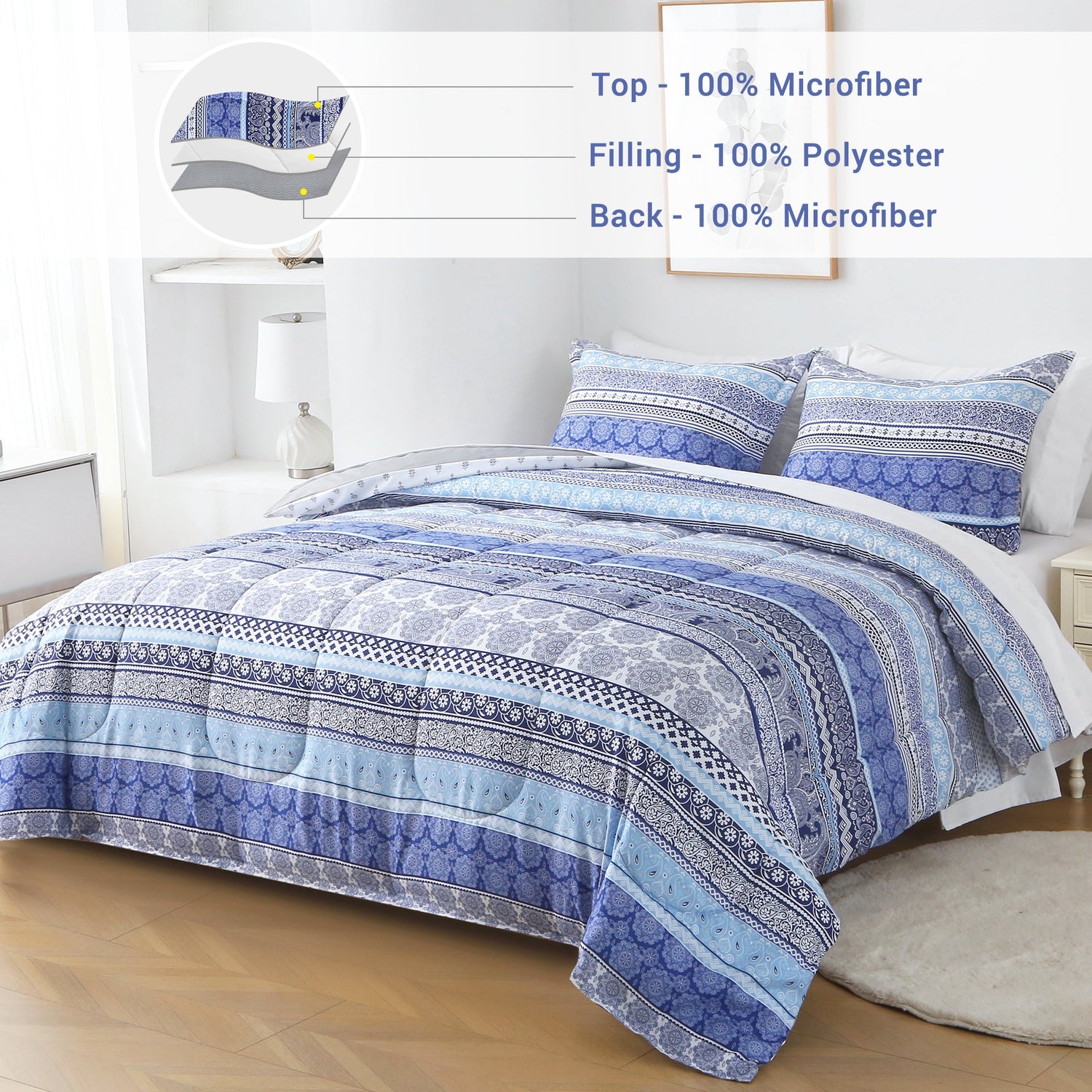 Blue Boho Striped Comforter Set 7 Pieces