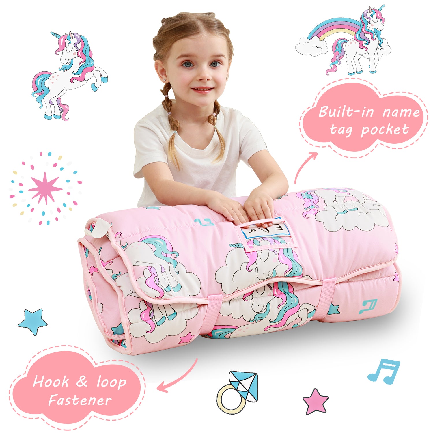 Pink Unicorn Toddler Nap Mat with Pillow and Blanket