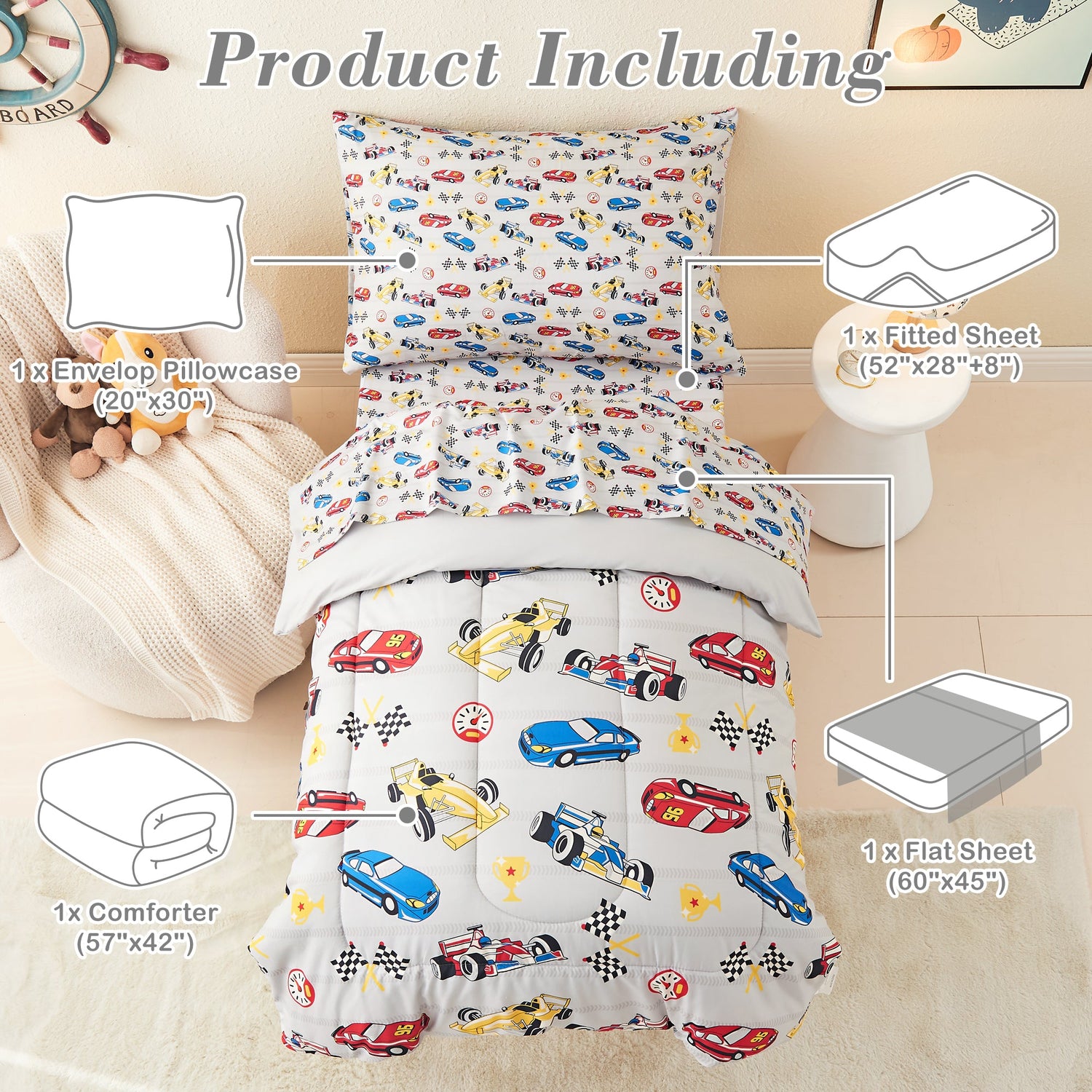 Race Cars Toddler Comforter Set– 4 Piece