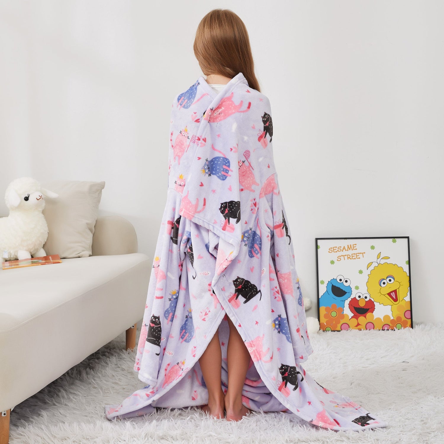 Cat Wearable Fleece Blanket with Sleeves & Foot Pocket for Kids