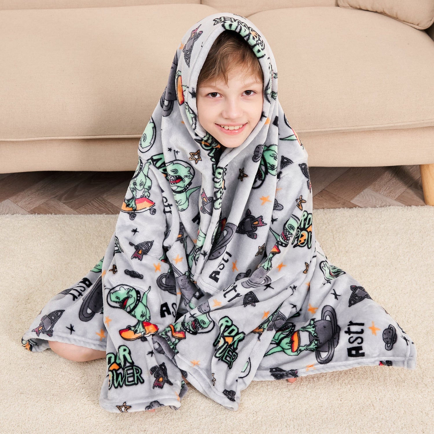 Dinosaur Wearable Fleece Blanket with Sleeves & Foot Pocket for Kids
