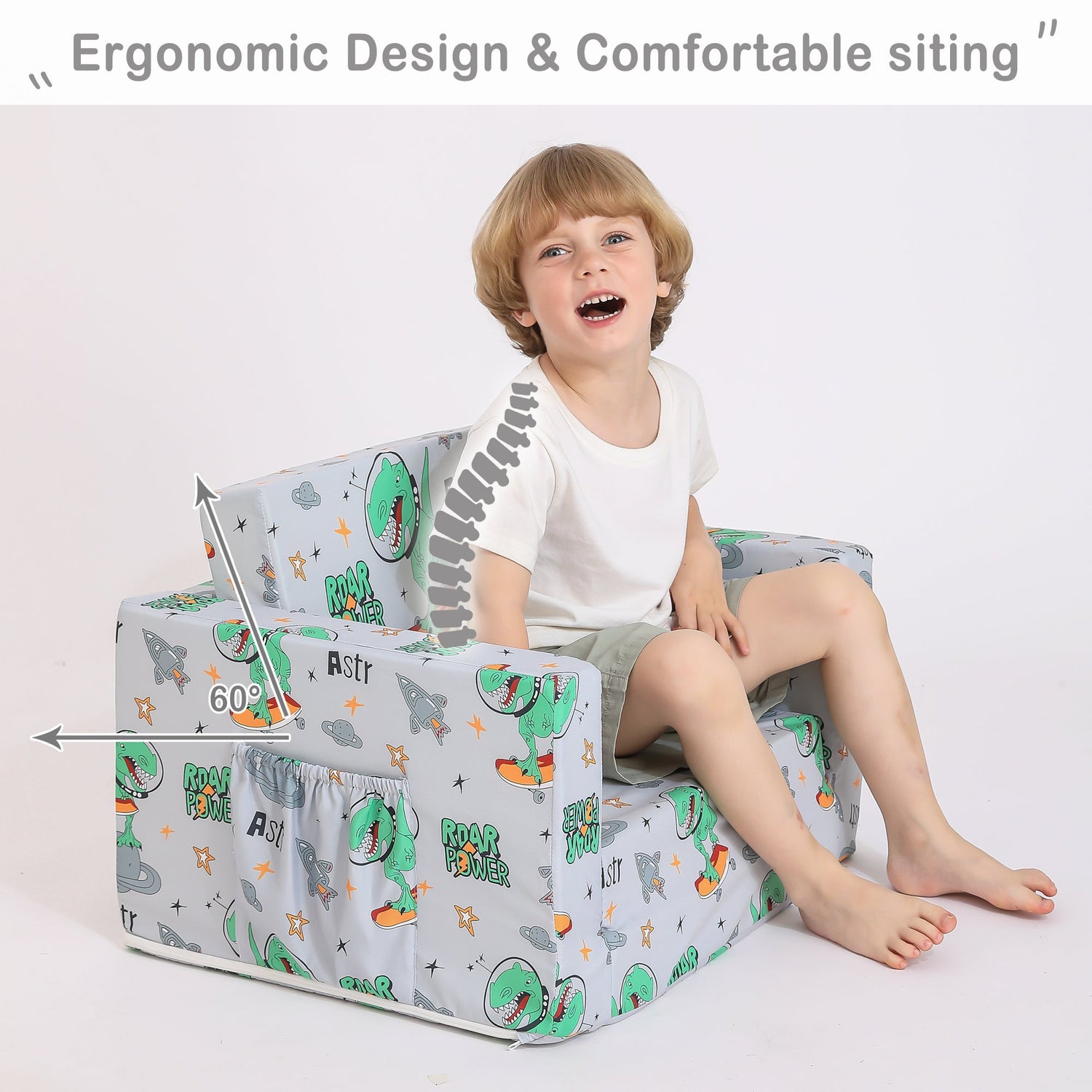 Gray Dinosaur 2-in-1 Kids Sofa for Toddler Convertible Sofa to Lounger