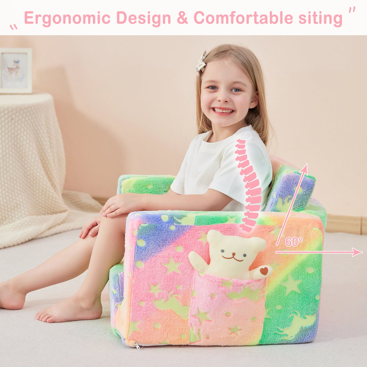 Glow Unicorn 2-in-1  Kids Sofa for Toddler Convertible Sofa to Lounger Bed