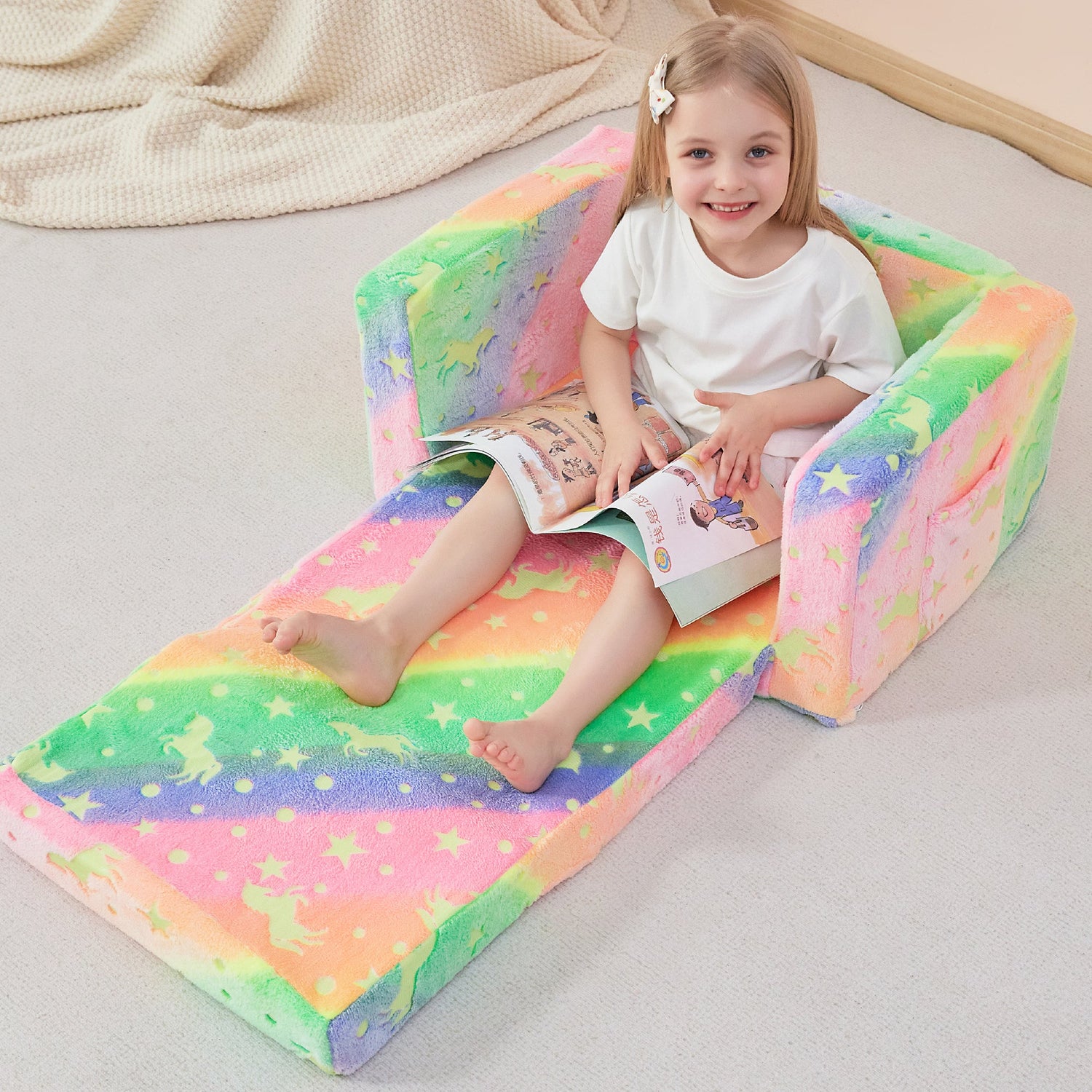 Glow Unicorn 2-in-1  Kids Sofa for Toddler Convertible Sofa to Lounger Bed