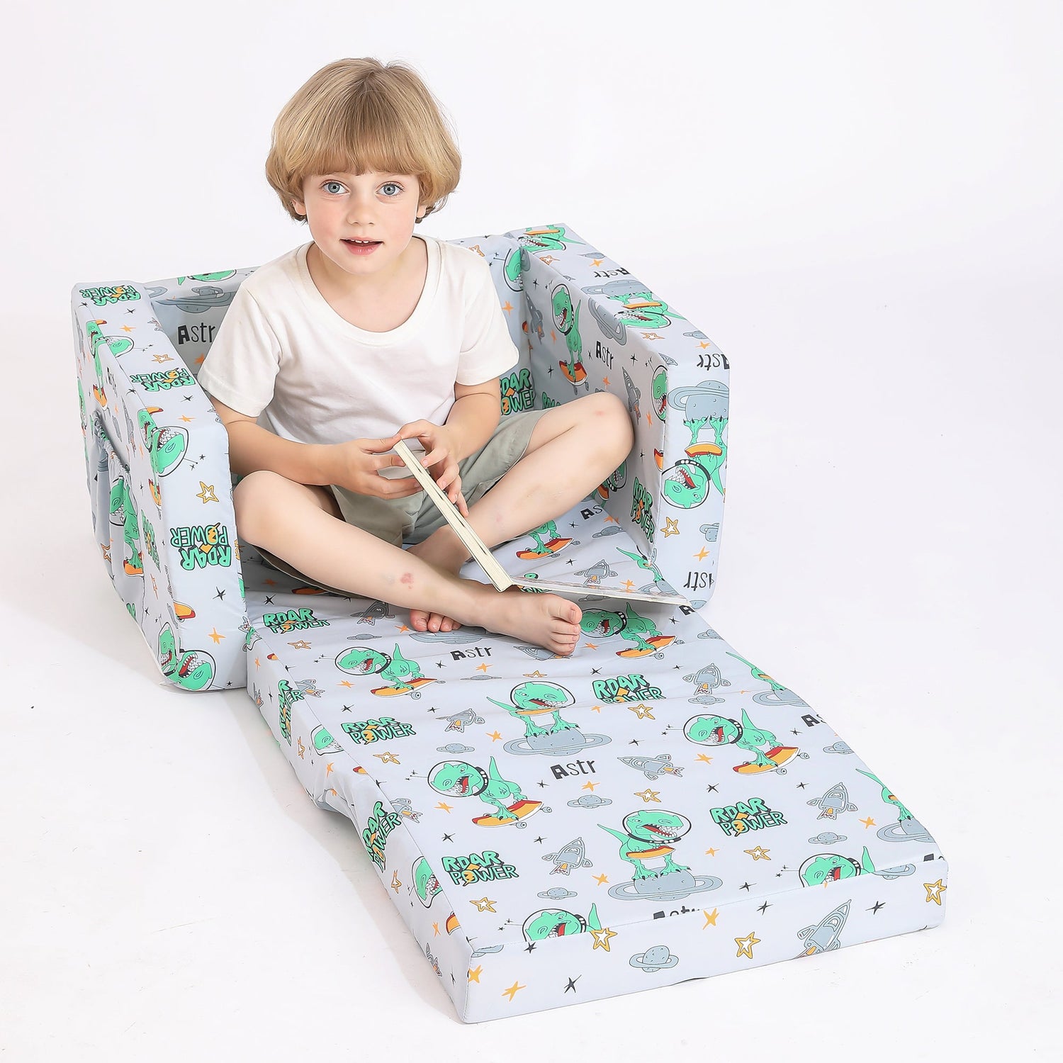 Gray Dinosaur 2-in-1 Kids Sofa for Toddler Convertible Sofa to Lounger