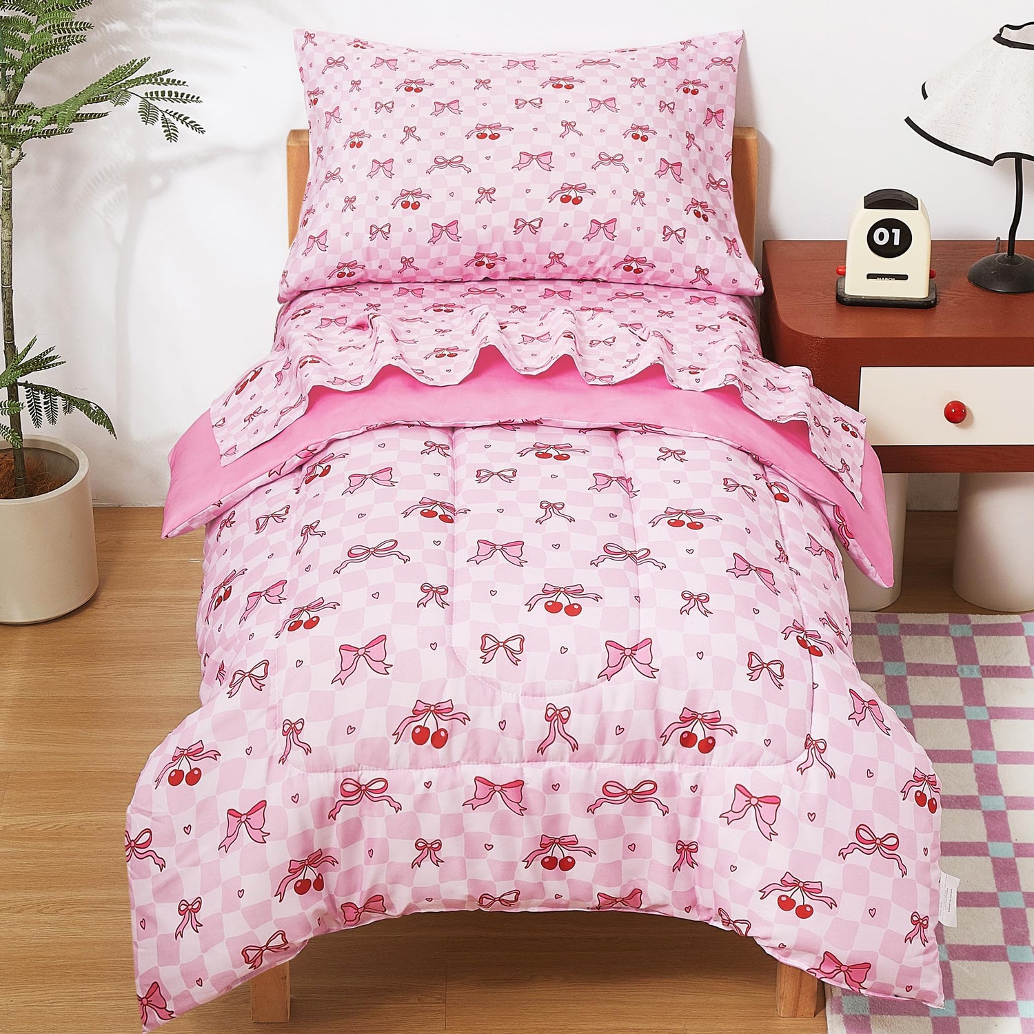 Pink Cherry Printed Toddler Comforter Set– 4 Piece