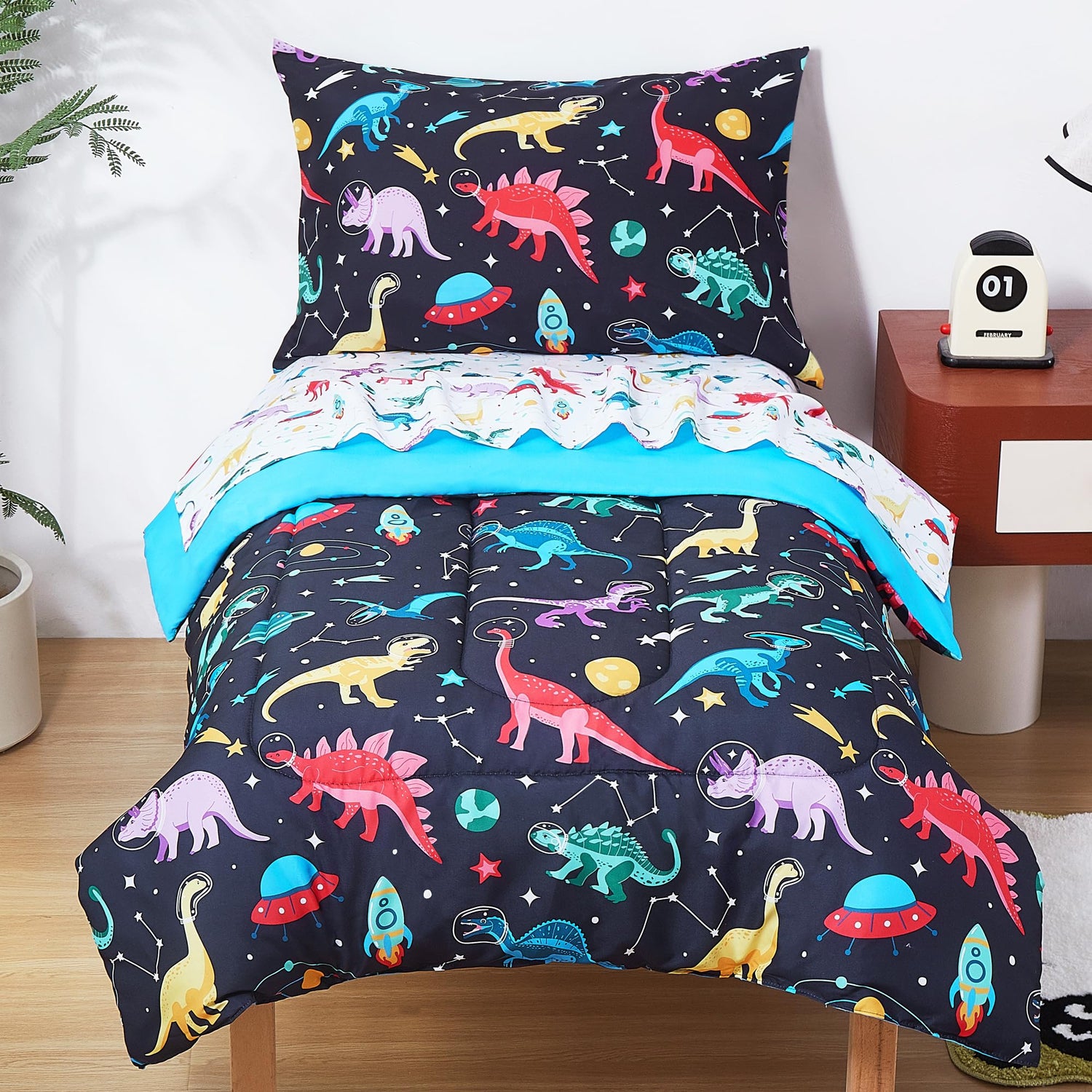 Space Dinosaur Printed Toddler Comforter Set– 4 Piece