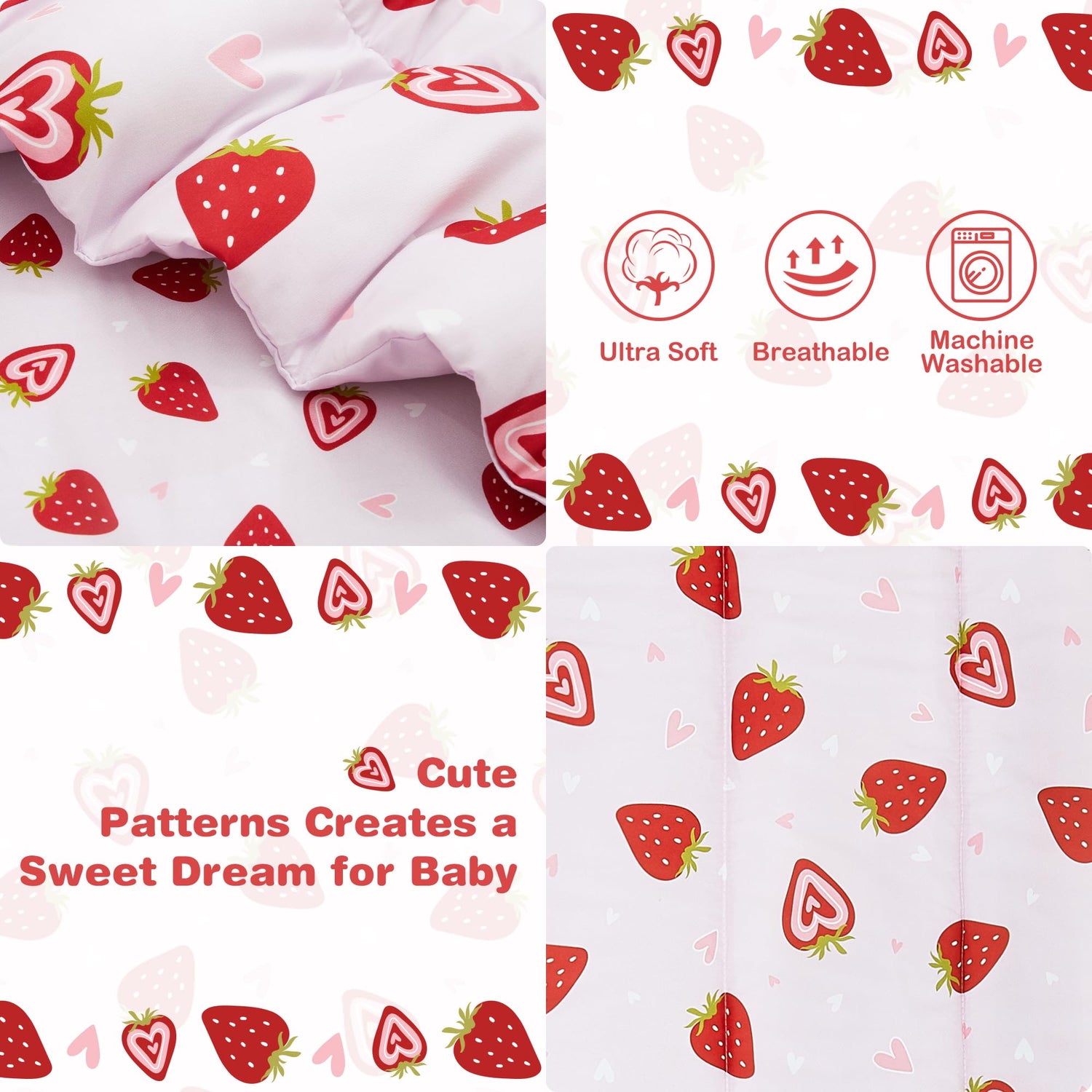 Prink Strawberry Printed Toddler Comforter Set– 4 Piece